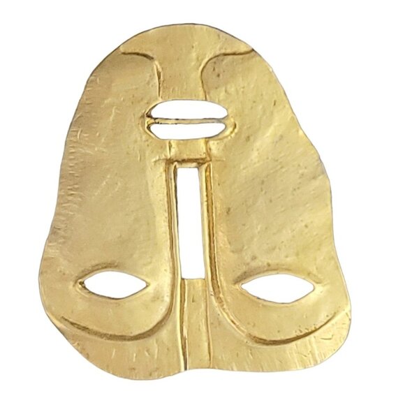 Maxine Denker Matte Gold Tone Tribal Face Mask Brooch, Unsigned - Picture 3 of 8